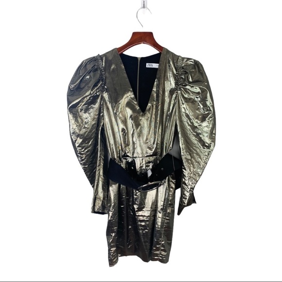 Zara Collection 19 Gold Balloon Sleeve Mini Dress XS - Picture 3 of 10